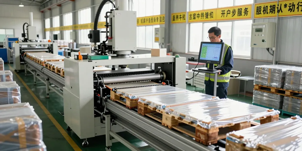 Pallet wrapping machine efficiently wrapping pallets in a modern manufacturing facility.