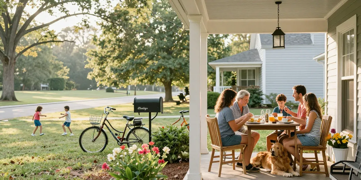 Family enjoying breakfast in a peaceful neighborhood, illustrating best places to live in North Carolina.