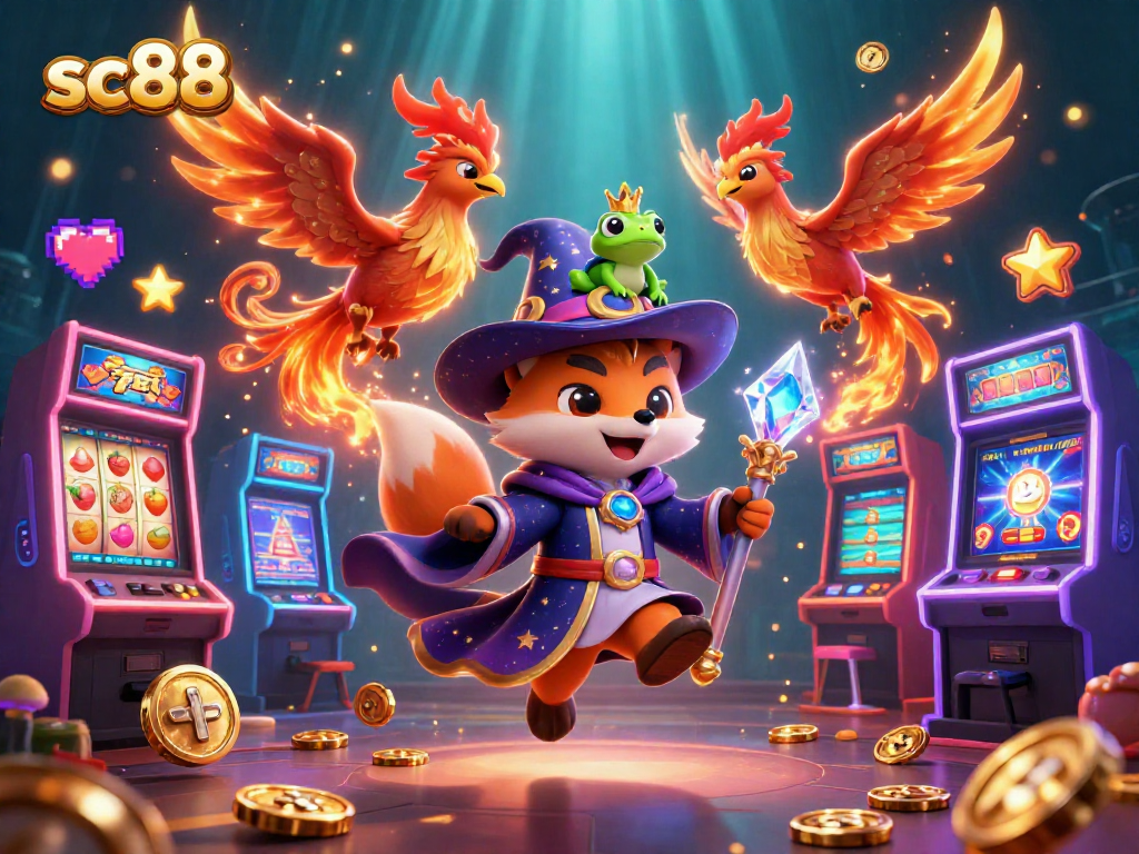 Engage with sc88's thrilling slot machines, featuring a mystical wizard and phoenix in a vibrant setting.