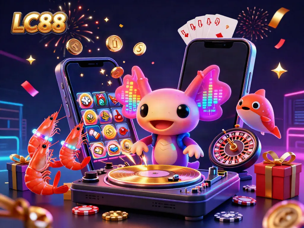 LC88 animated scene showcasing a vibrant casino environment with a DJ axolotl, thrilling slot game action, and festive atmosphere.