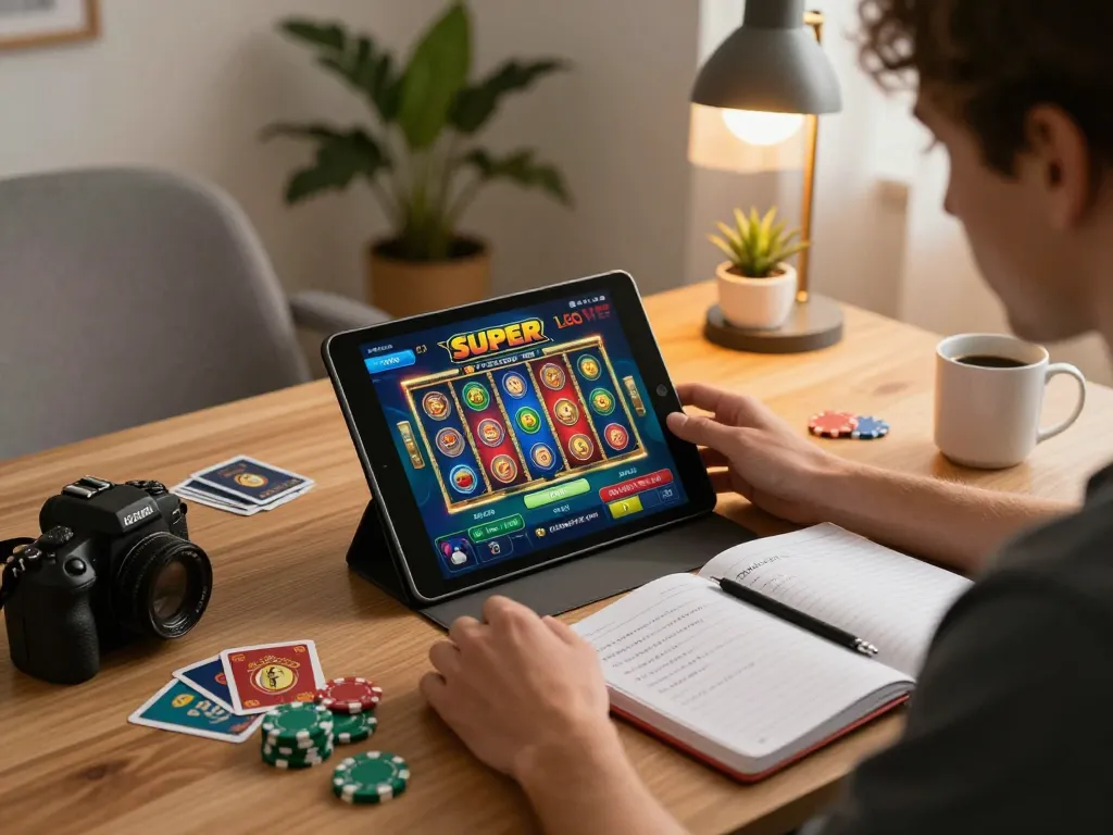 LGO SUPER gaming interface displayed on tablet during an engaging online gambling session at home.