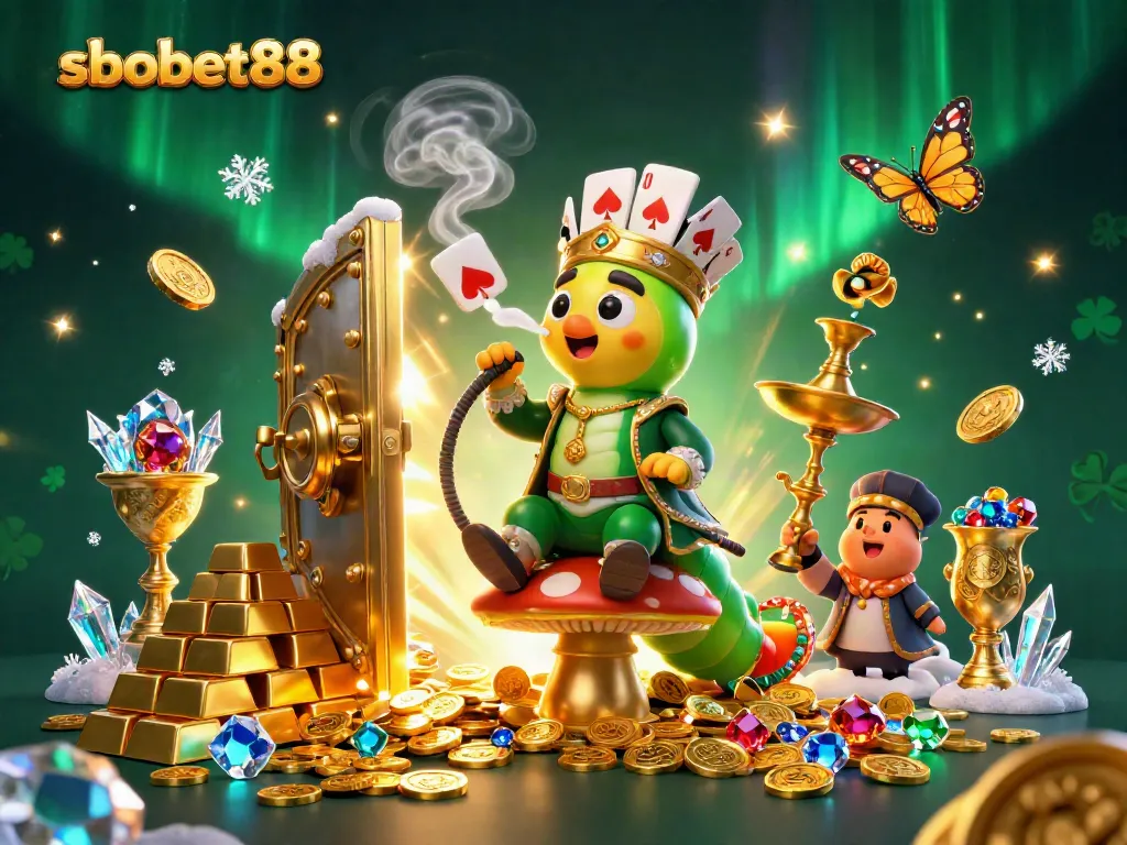 Experience sbobet88 gaming with a vibrant scene of a caterpillar sultan and dynamic casino treasures.