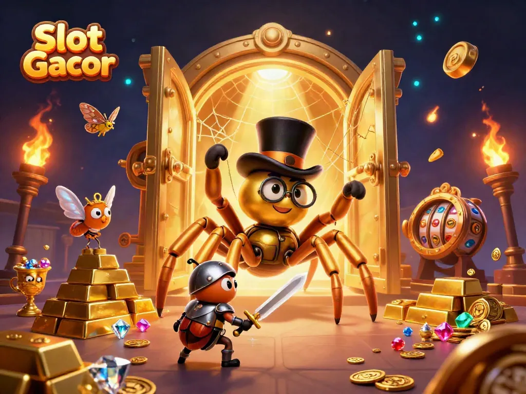 Experience the excitement of Slot Gacor as a golden tarantula weaves golden threads while a beetle knight approaches.