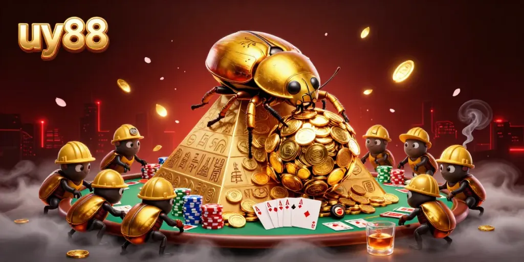 Experience thrilling games at uy88 with golden beetles and casino action in a vibrant scene.