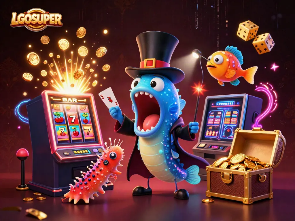 Experience the excitement at LGOSUPER with a captivating 3D scene of lively casino magic and winning elements.