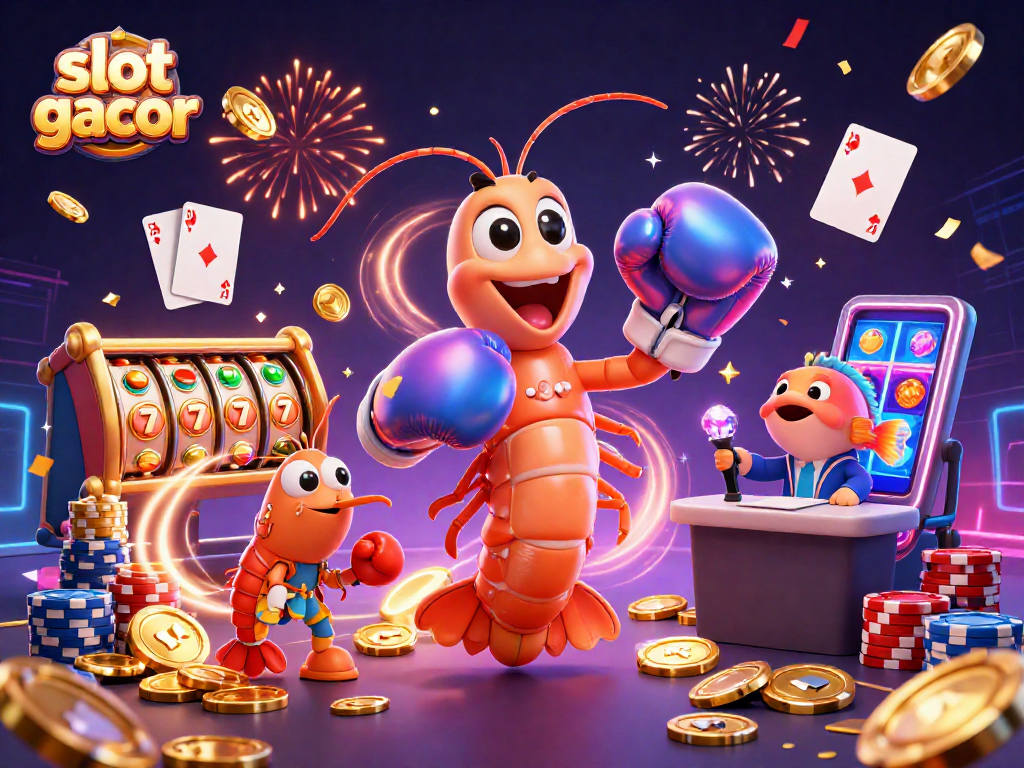 Engage in slot gacor action with a dynamic 3D cartoon scene featuring vibrant slot reels and spirited aquatic characters.