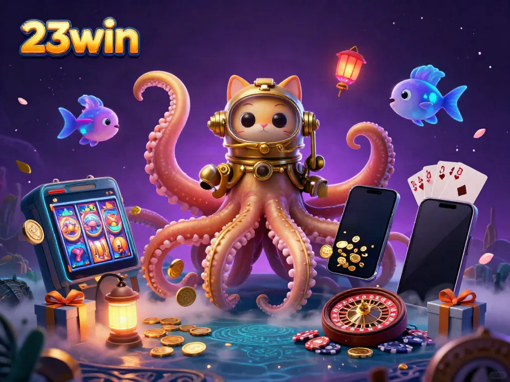 Experience thrilling gaming with 23win, featuring a kraken and lively casino elements.