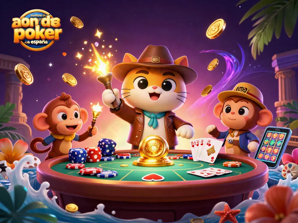 Ilustración 3D de nuevas salas de póker online en España, mostrando un gato arqueólogo y su mono en un templo con elementos de juego.