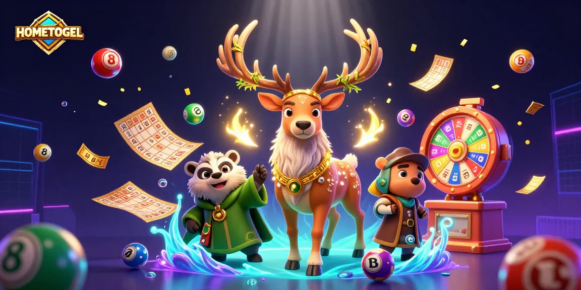 Engage with HOMETOGEL's dynamic lottery experience featuring vibrant numbered balls and a playful druid scene.