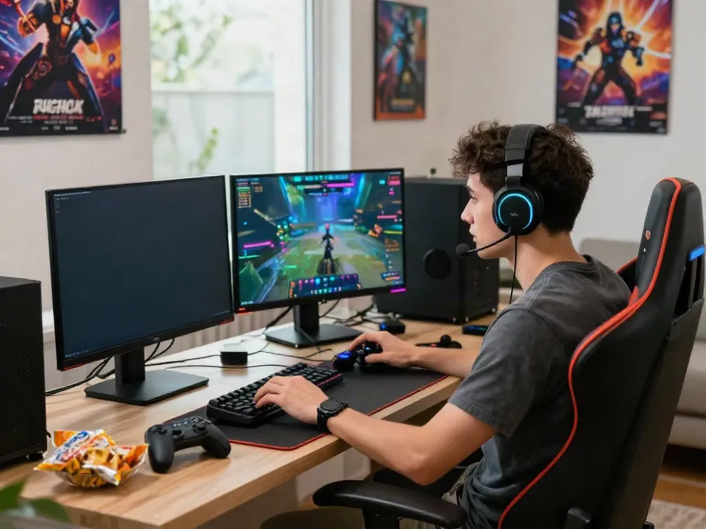 Young adult engaged in esports gaming at home setting, focusing on a monitor at https://ku88vt.com/.