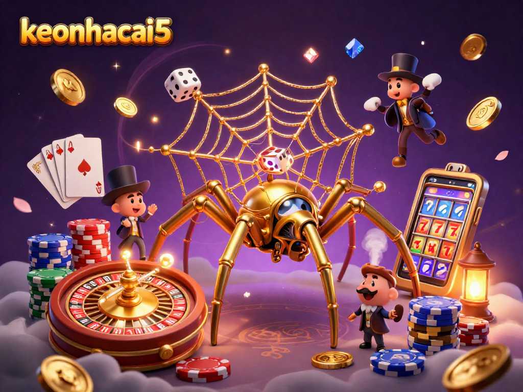 Engage with keonhacai5 through a 3D illustration featuring a whimsical steampunk spider and vibrant casino elements.