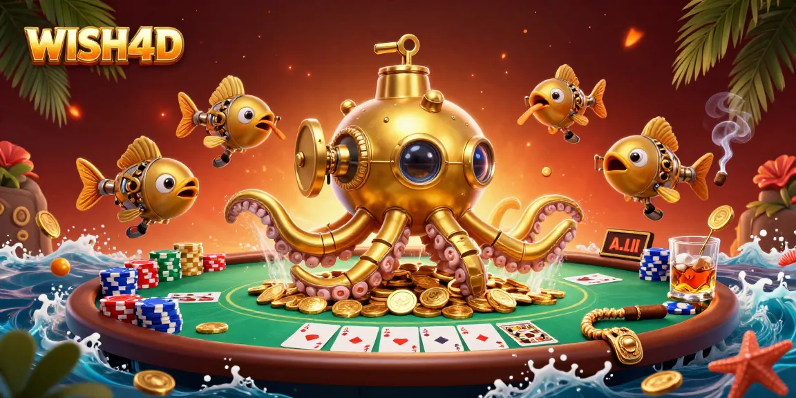 Engage with WISH4D in a vibrant casino scene featuring a mechanical kraken amidst poker elements.