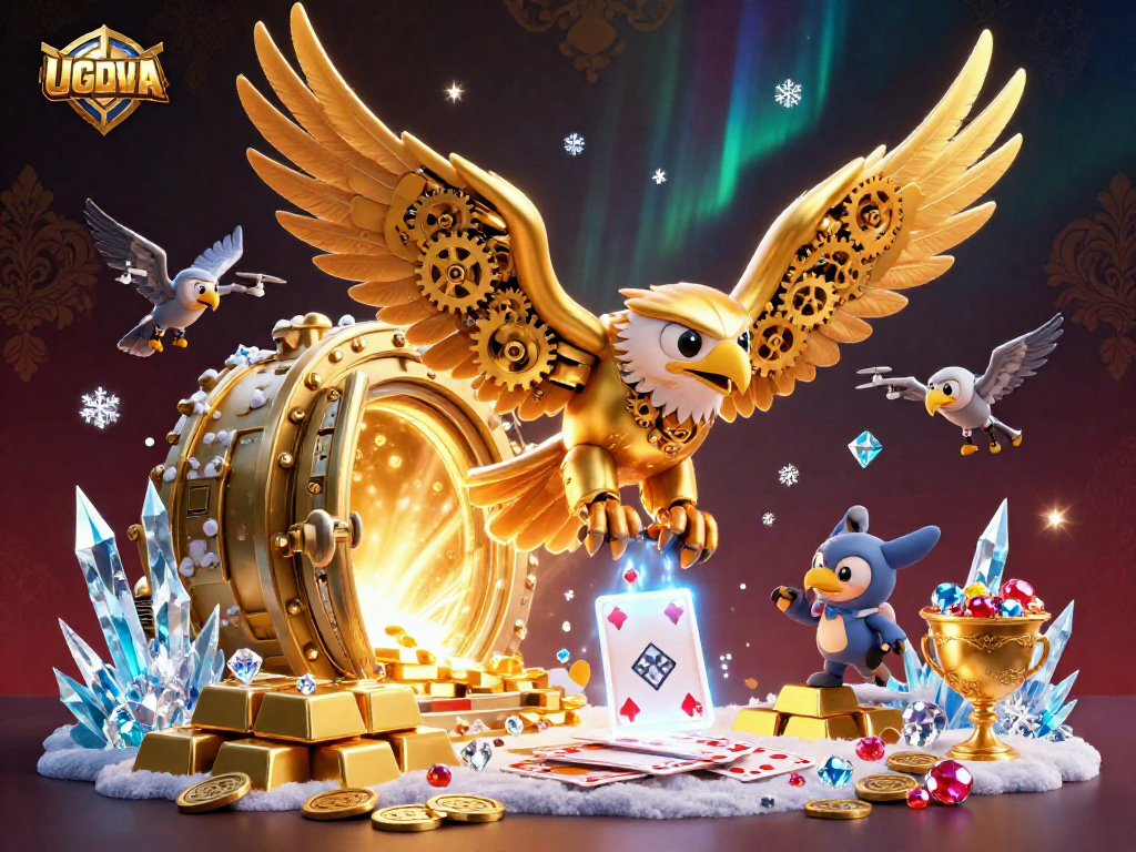 Experience the excitement of UGDEWA with a vibrant casino-themed digital illustration featuring an eagle amidst treasures.