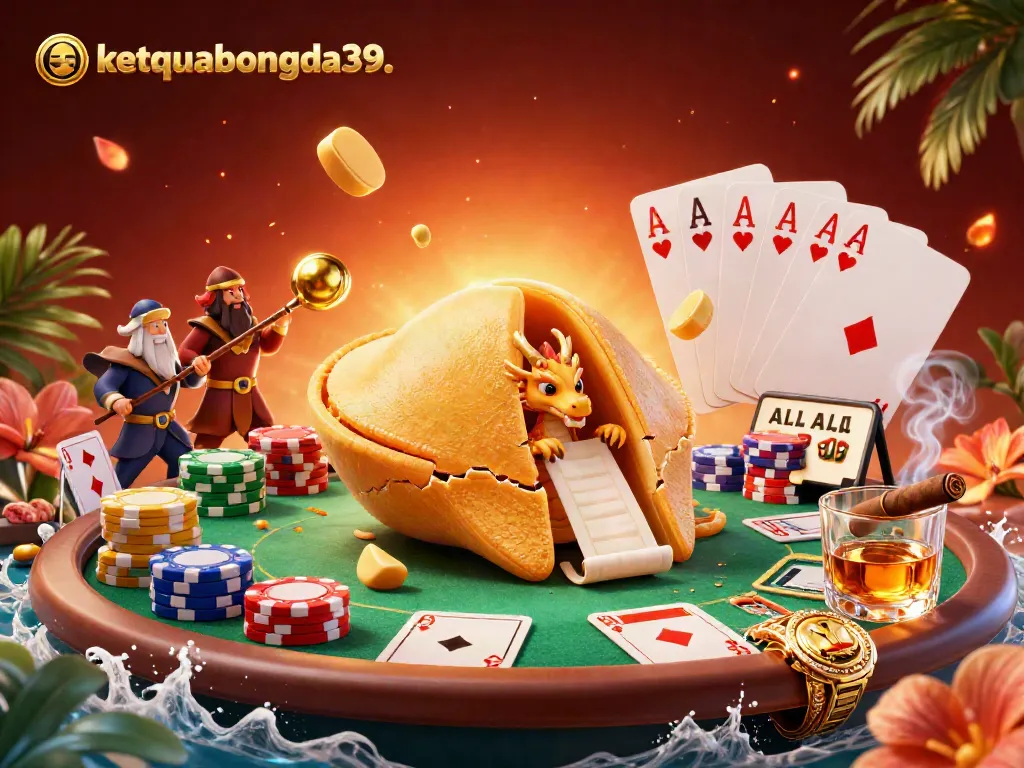 Experience the vibrant gameplay action with ketquabongda39, featuring a lavish poker scene with a golden fortune cookie and dynamic characters.