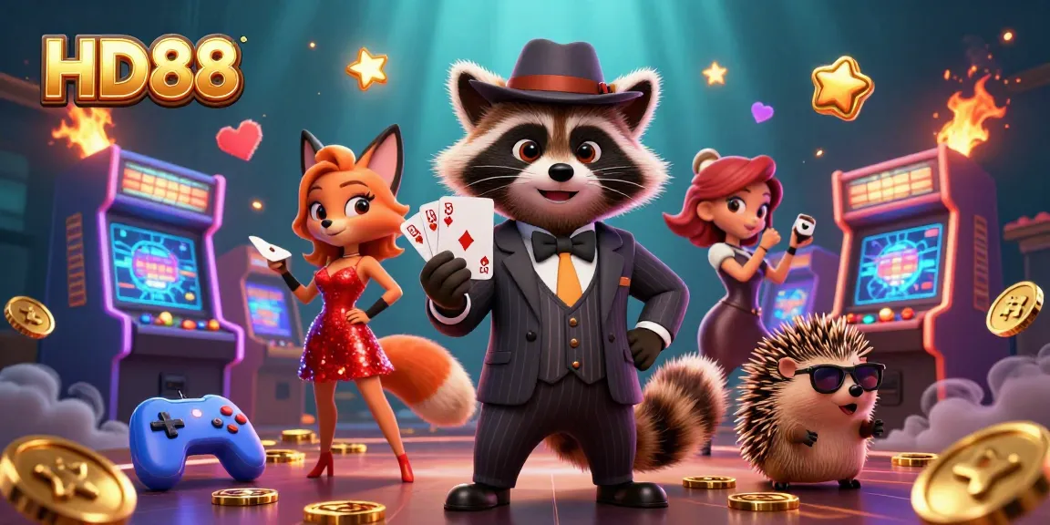 Experience the excitement of gaming at HD88 with a charming raccoon, fox lady, and hedgehog in a vibrant casino.