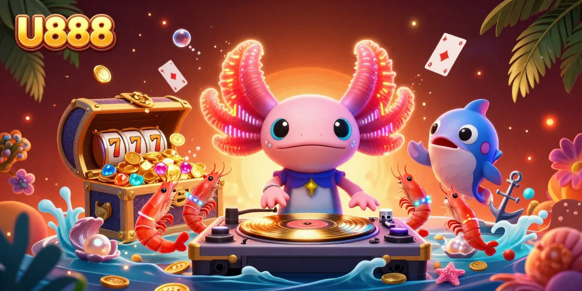 Experience the thrill of gambling with U888's vibrant gaming scene of cartoon characters and treasure.