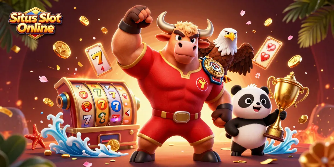 Experience excitement with Situs Slot Online as joyful characters celebrate winning and spinning slots.