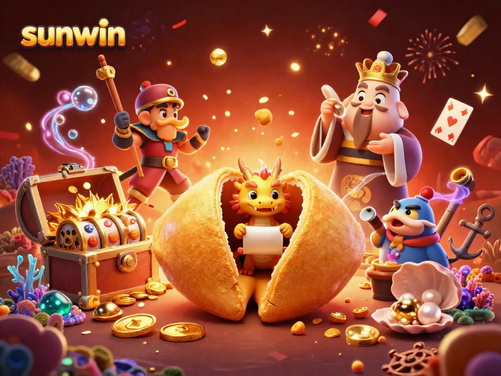 Engage with Sunwin's vibrant casino adventures, featuring golden fortune cookie and dynamic gaming elements.
