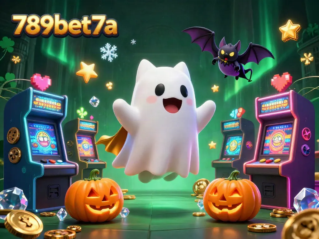 Experience thrilling gaming moments at 789bet7a featuring a ghost cat and vibrant casino machines.