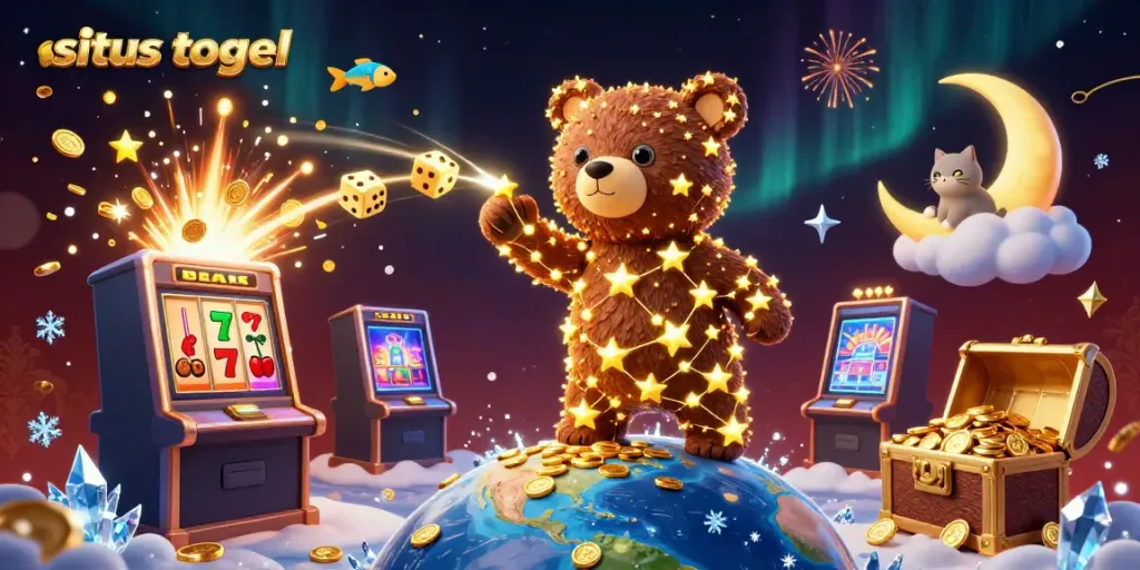 Engaging scene with situs togel illustrated in 3D art showcasing a golden constellation bear amidst casino excitement.