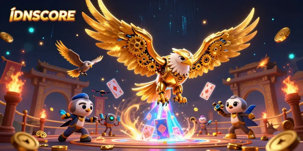 Experience the excitement of IDNSCORE with a dynamic illustration featuring a cybernetic eagle amidst holographic cards and casino elements.