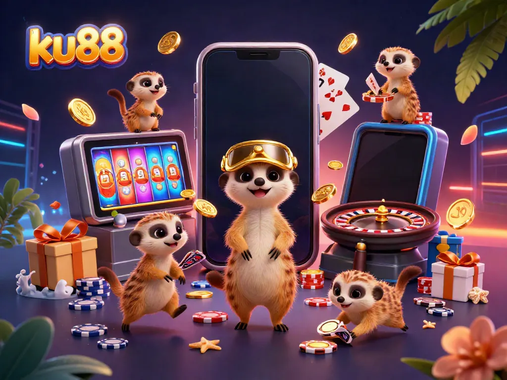 Experience the thrill of ku88 with playful meerkats managing a vibrant casino.