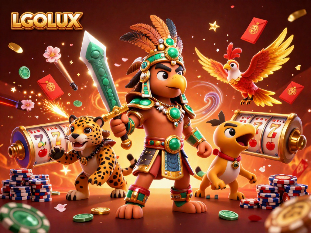 Experience the excitement of LGOLUX with a vibrant casino scene featuring dynamic slot reels.