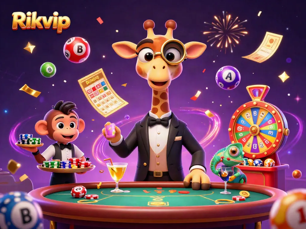 Engage in the vibrant world of Rikvip with a high-roller giraffe and festive elements in a casino setting.