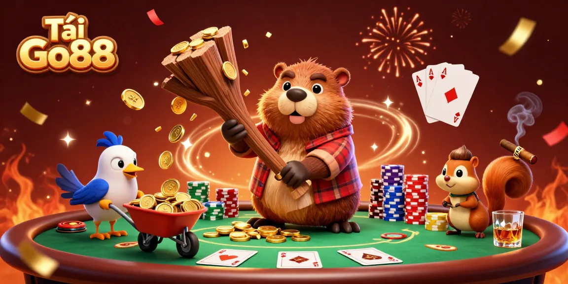 Tải Go88 with a playful scene of a lumberjack beaver and friends celebrating gambling wins amid poker elements