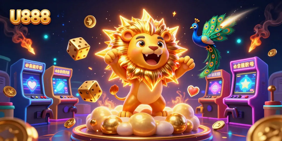 Engage with U888's vibrant casino games showcased in a dynamic 3D illustration.