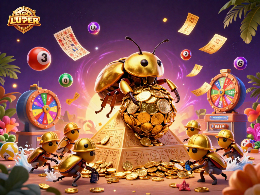 Engage with LGOSUPER's vibrant gambling world featuring animated beetles and golden coins.