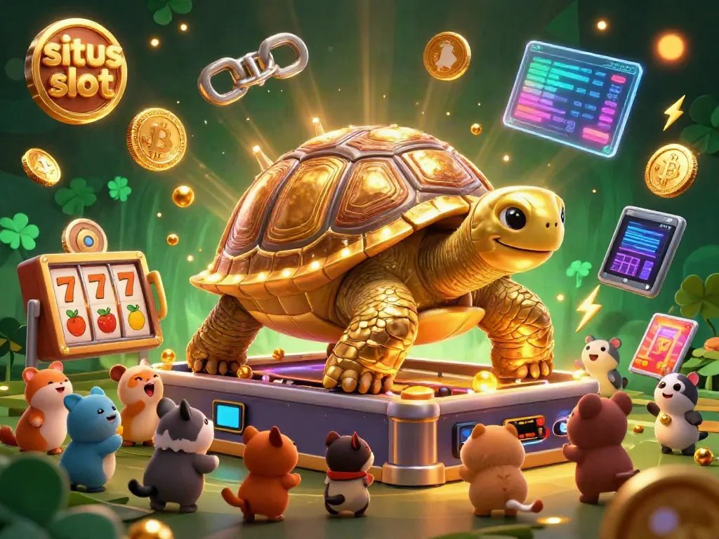 Spin the reels with situs slot on an exciting 3D carnival scene featuring a colossal tortoise pinball machine and vibrant characters.