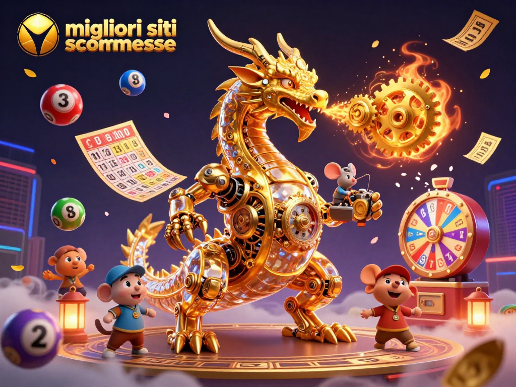 Migliori siti scommesse: visualizza un drago biomeccanico dorato che sputafuori ingranaggi, immerso nell'atmosfera di una lotteria emozionante.