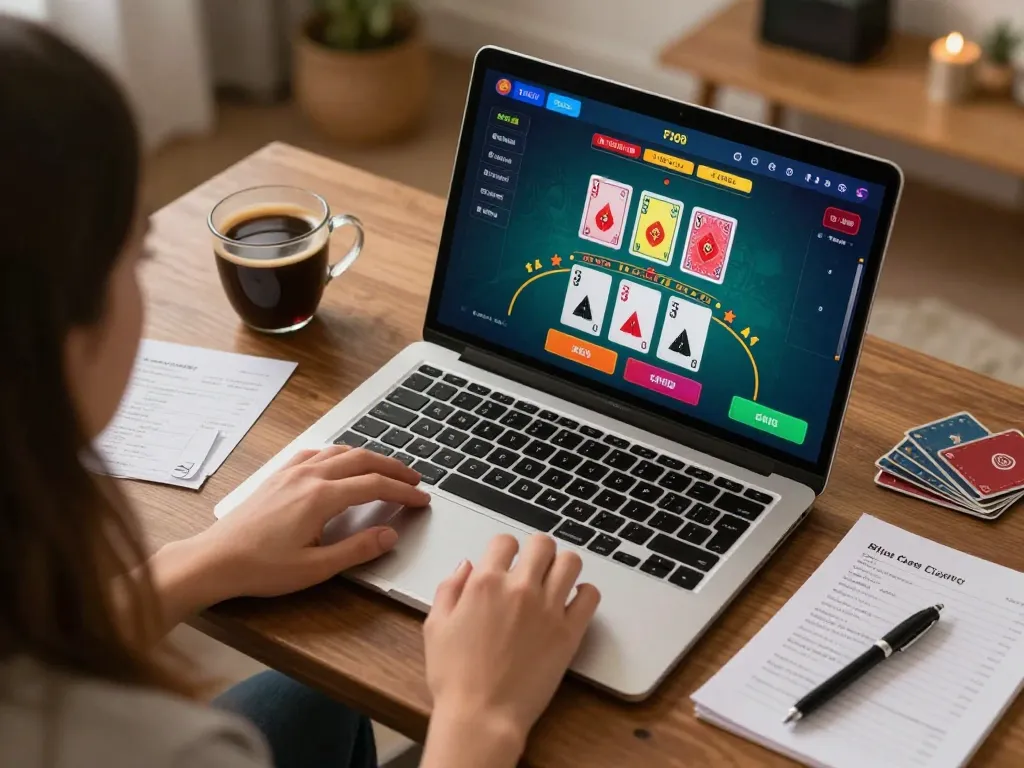 Player experiences live blackjack excitement with F168 on a laptop, showcasing strategic gaming.