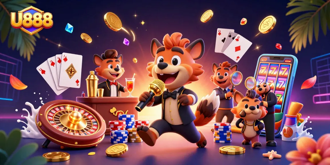 U888 hyenas entertaining in a vibrant casino scene with gold coins and colorful game elements.