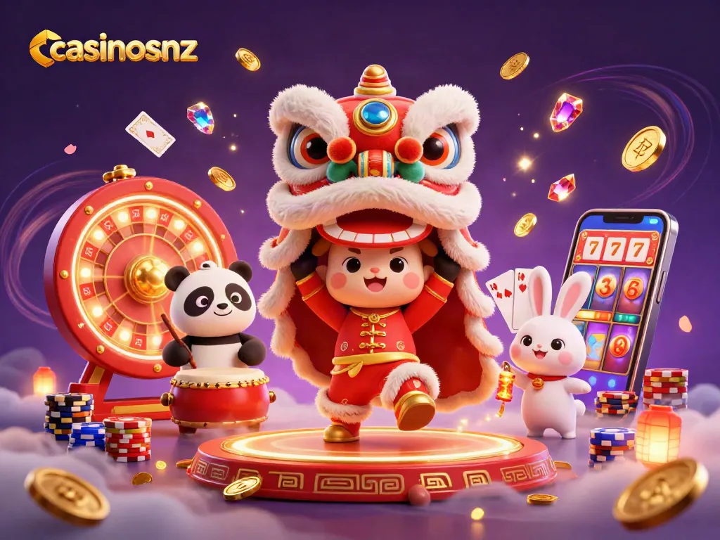 Experience excitement at casinosnz with 3D lion dance, coins, and gaming elements in a vibrant scene.