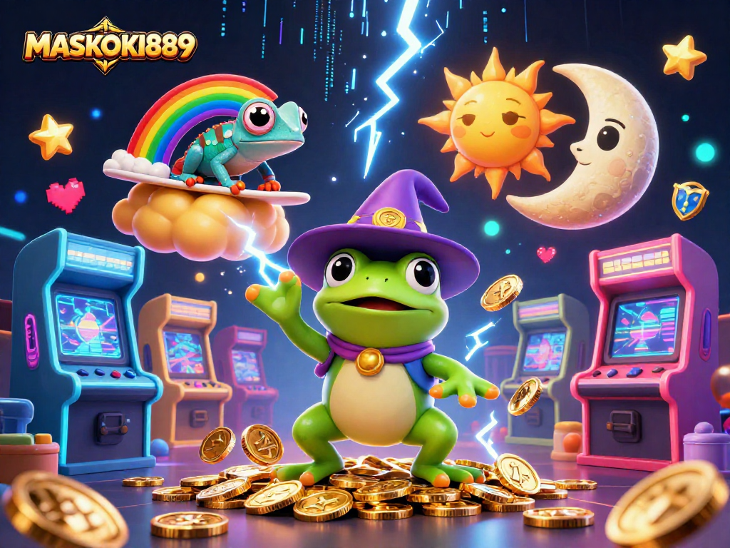 Join the winnings on MASKOKI889 as a weather wizard frog conjures golden coins in a lively casino scene.