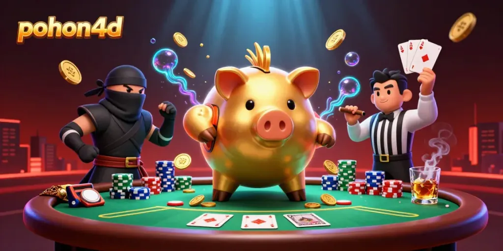 Pohon4d action showing a golden piggy bank sumo wrestler amidst vibrant poker elements.