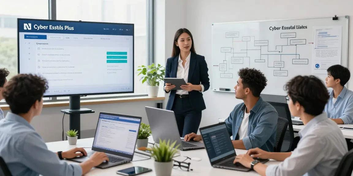 Cyber Essentials Plus certification review in a modern office with a diverse IT team analyzing security metrics and collaboration.