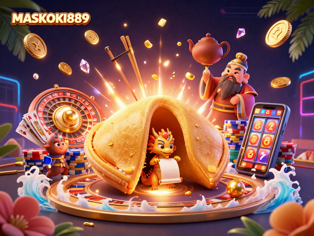Experience winning with MASKOKI889’s engaging casino scene featuring golden fortune cookie and lucky symbols.