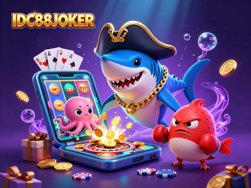 Spin the reels with IDC88JOKER characters in an exciting slots adventure filled with gold coins and gaming elements.