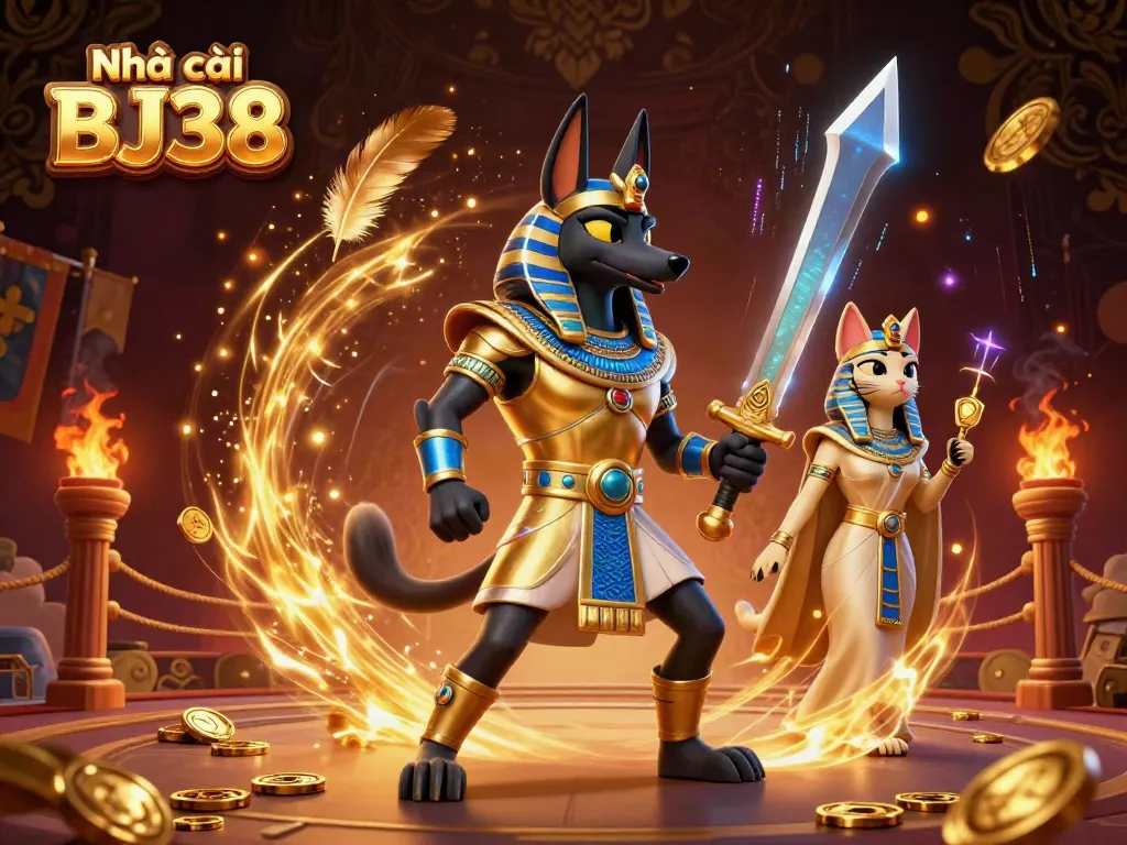 Engage in thrilling bets at Nhà cái BJ38, featuring an ancient Egyptian theme with vibrant casino elements.