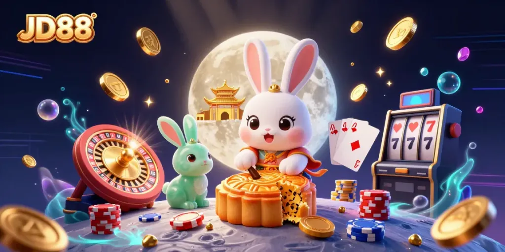 Experience JD88's vibrant online gaming world with our captivating rabbit characters amidst dazzling casino elements.