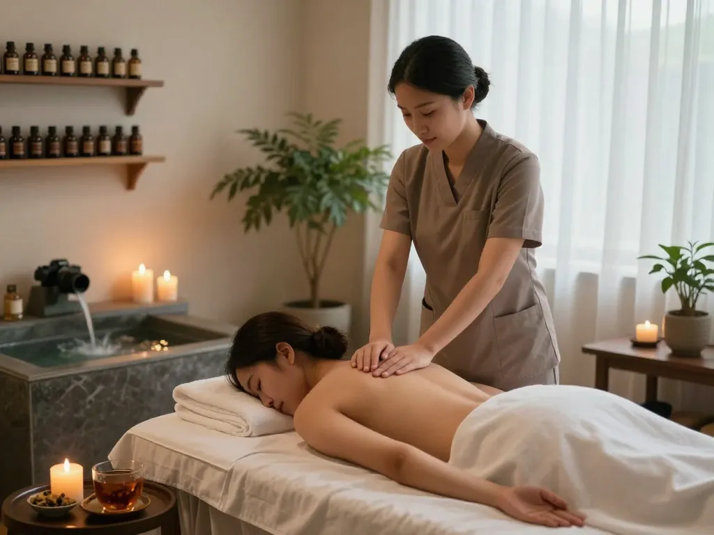 Relaxing spa ad scene showcasing massage therapy and serene ambiance.
