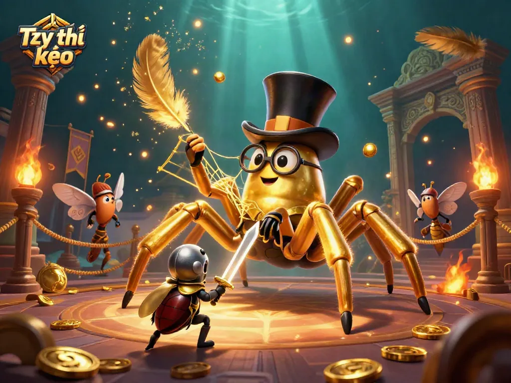 Engage with Tỷ lệ kèo through vibrant 3D art depicting a golden tarantula and beetle knight.