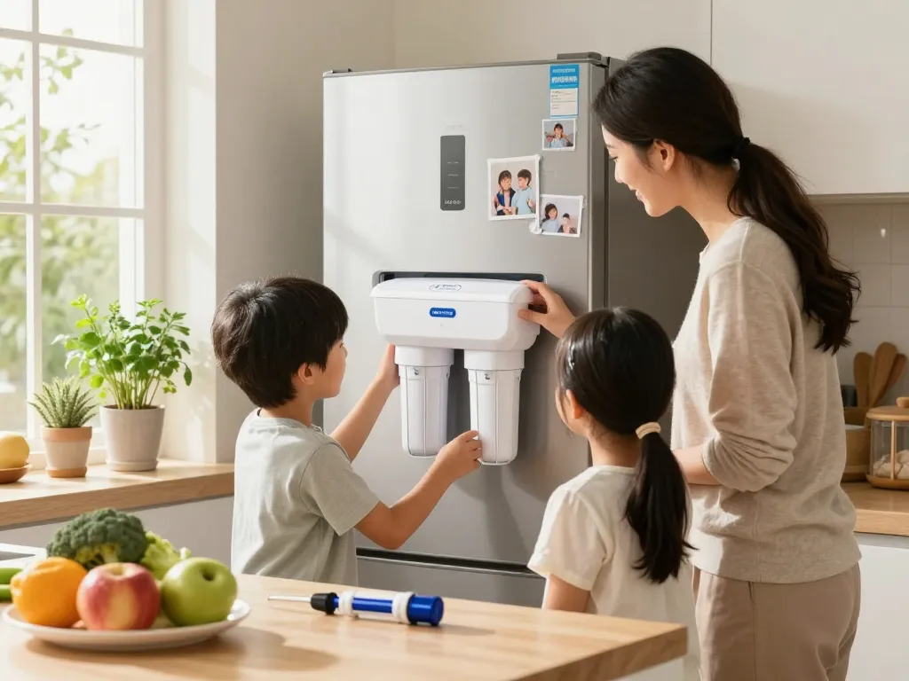 A family replacing the AQUA CREST 469690 ADQ36006101 Refrigerator Water Filter in a cozy kitchen, promoting healthy living.