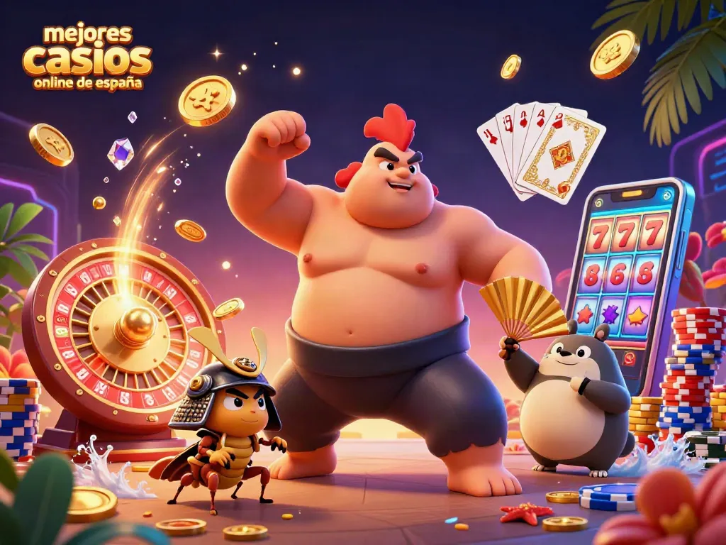 Ilustra los mejores casinos online de España con un poderoso luchador sumo y un samurái, rodeados de monedas y fichas.