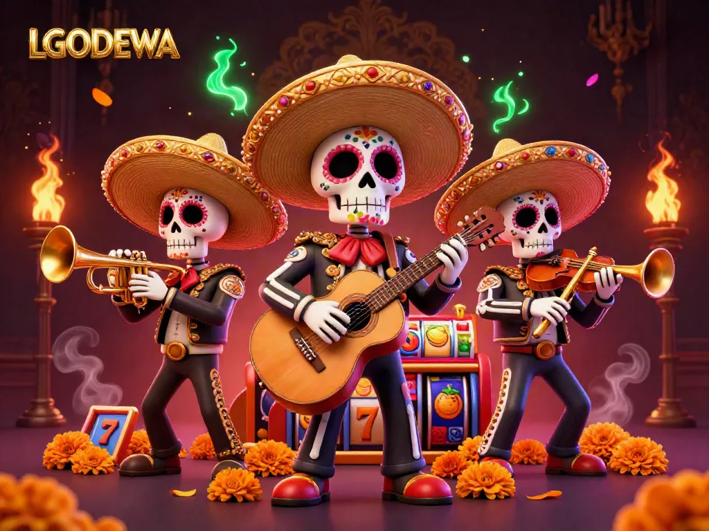 Engage with LGODEWA's vibrant gaming world featuring a mariachi band and colorful slot machines.