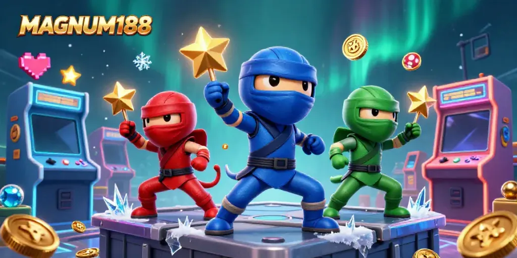 Experience impressive gameplay with MAGNUM188's vibrant 3D ninja chameleons amid casino excitement.