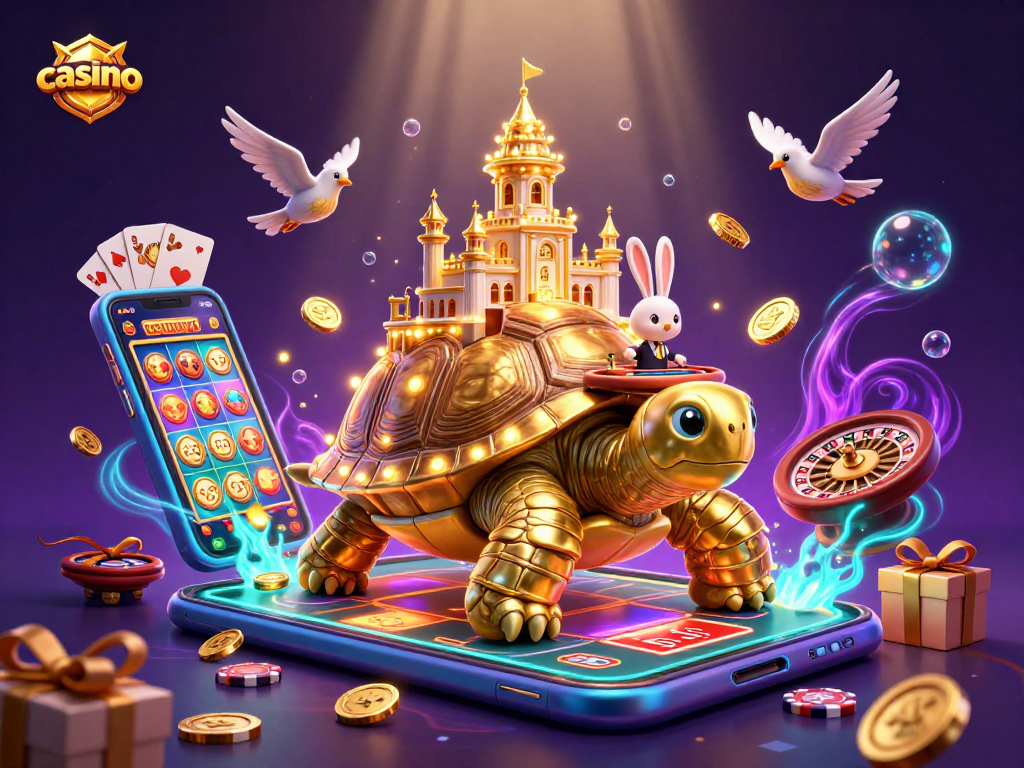 Engage with vibrant casino adventures featuring a tortoise with a miniature casino on its shell.